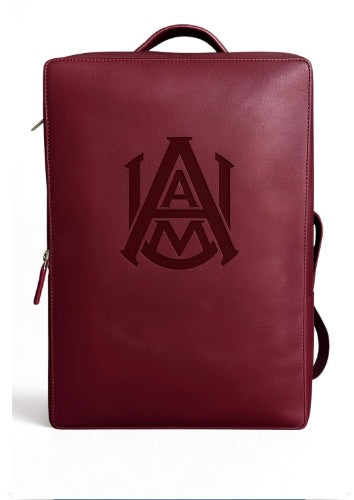Alabama A&M University AAMU Maroon leather backpack with a logo on a white background
