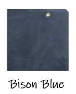 Bison Blue leather product with a visible brand logo on a white background