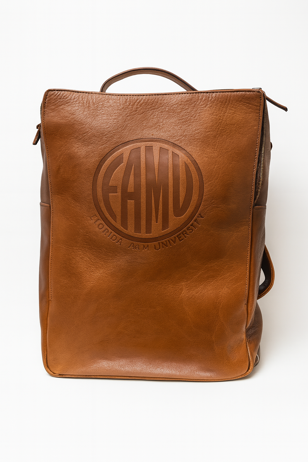 Florida A&M University FAMU Brown leather backpack with a logo on a white background