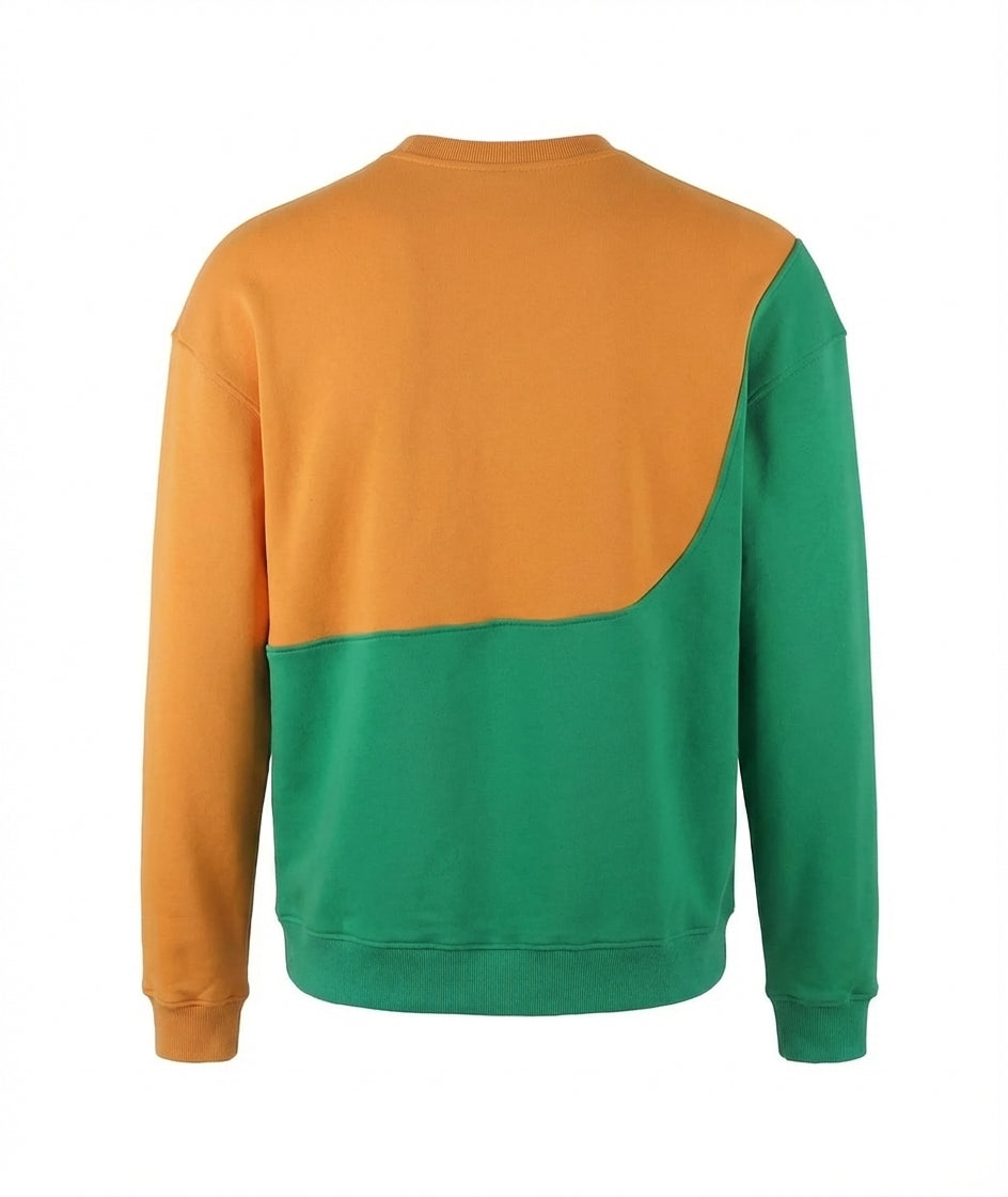 Back view Sweatshirt with orange and green color block design on a white background
