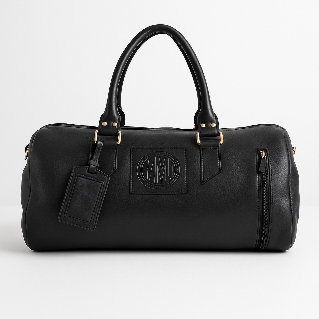 Black leather duffel bag with a brand logo on a white background