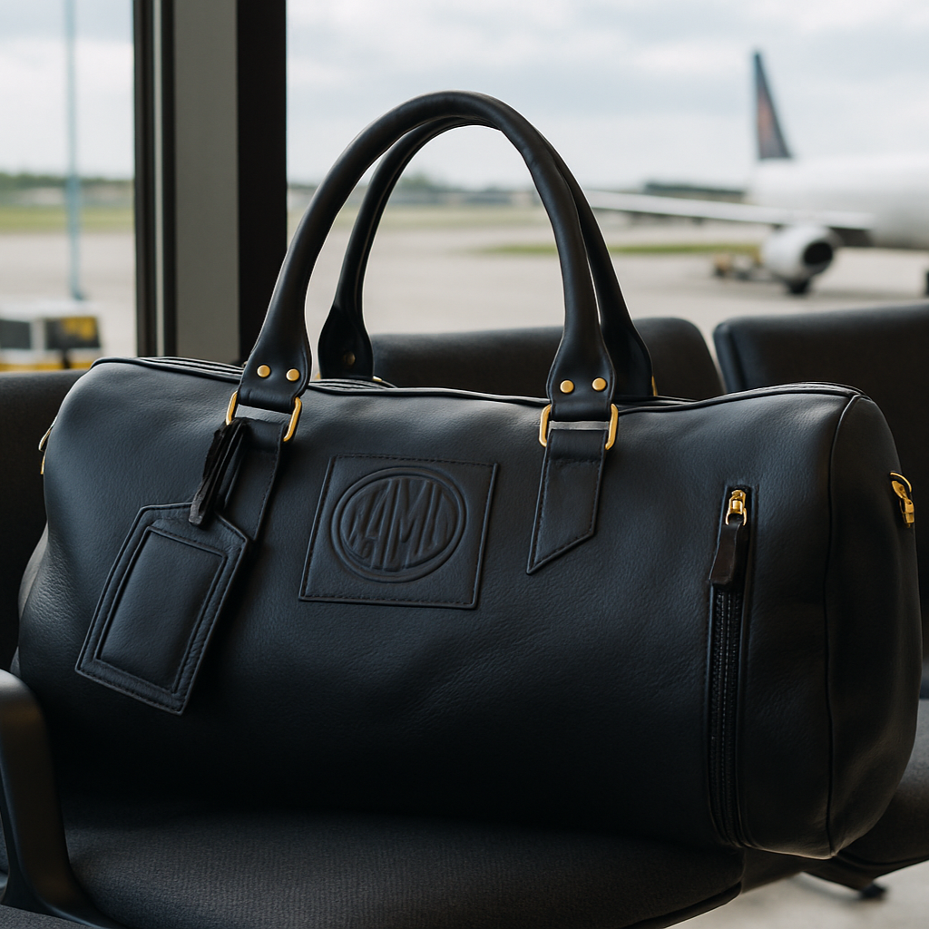 FAMU black barrel bag tote travel luggage. side view