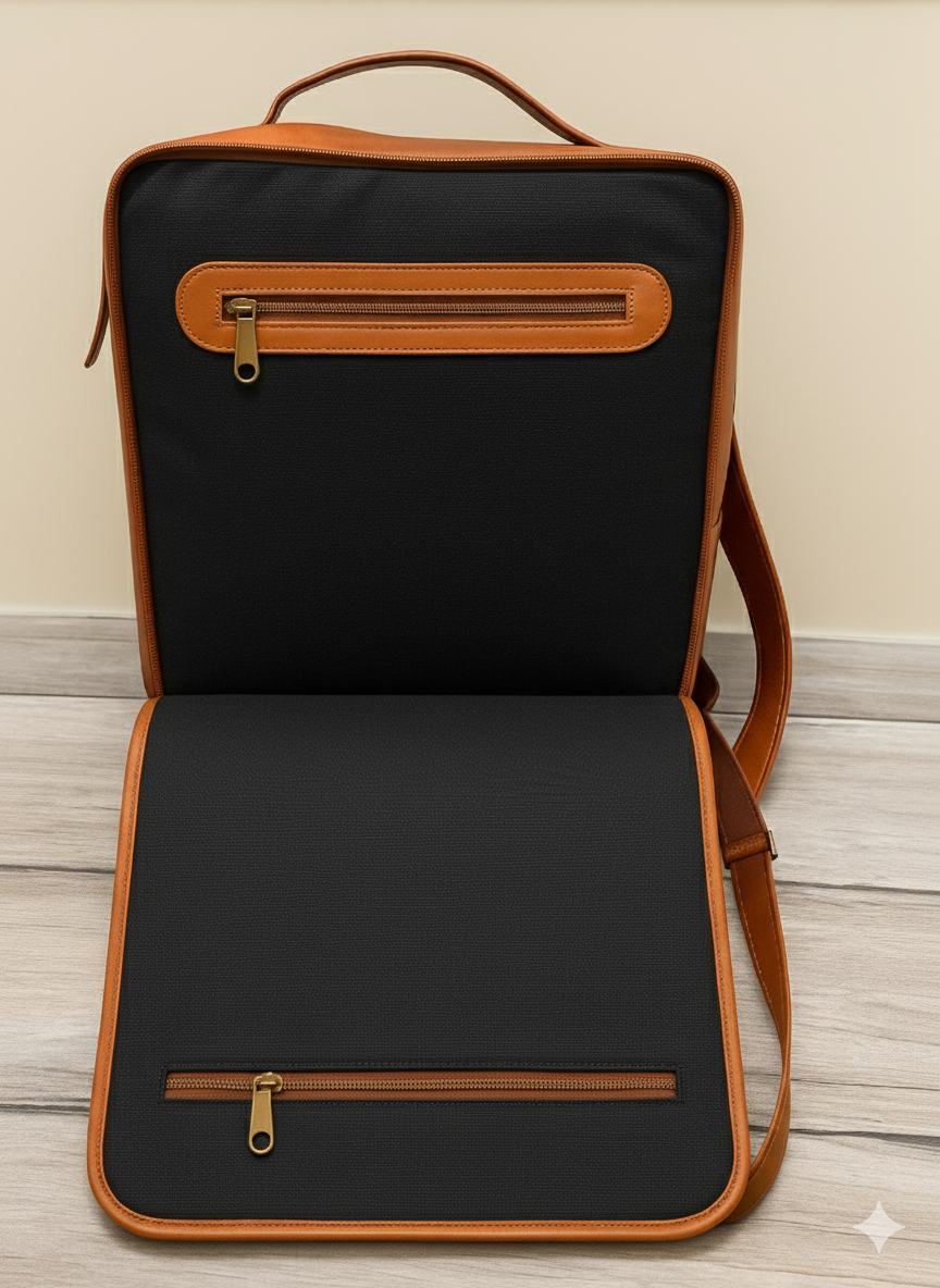 Kin & Sole Heritage backpack made from calf leather inside view with black canvas lining