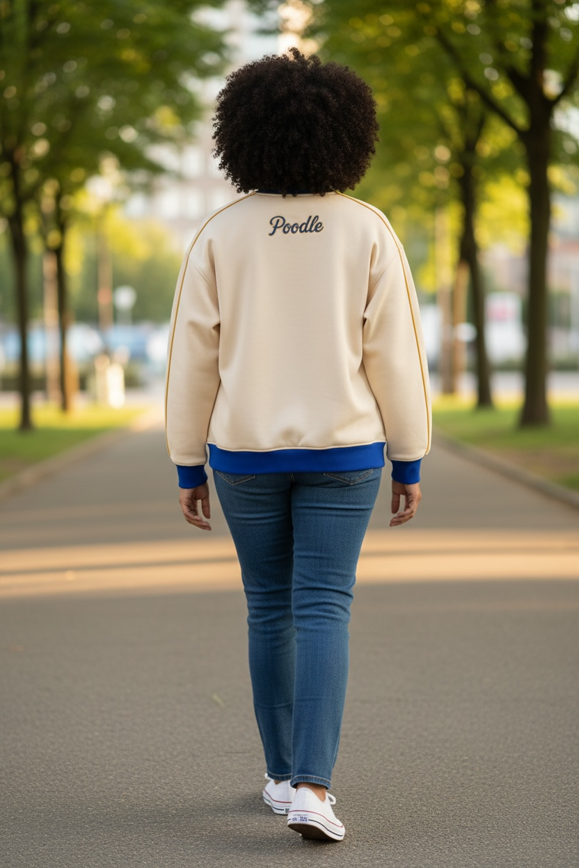Poodle sweatshirt with word 'Poodle' on back. Blue cuffs and blue hemline
