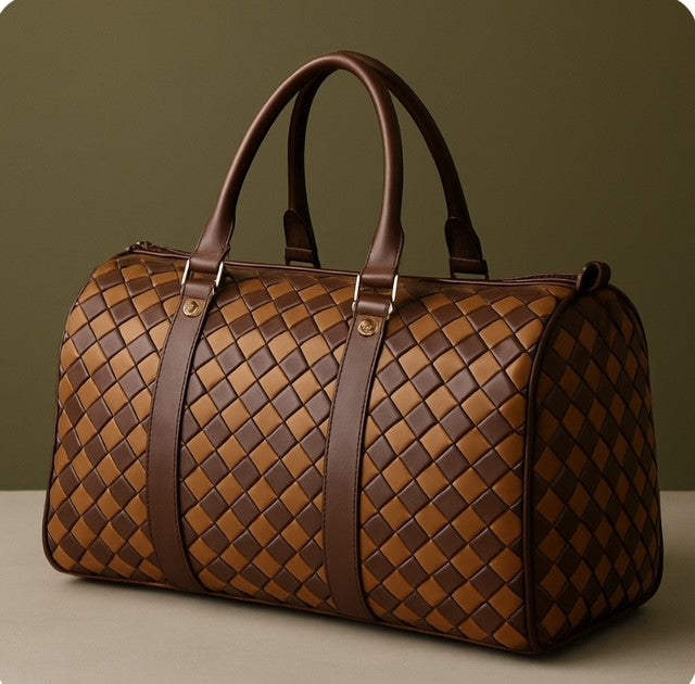 Brown woven leather bag on a neutral background