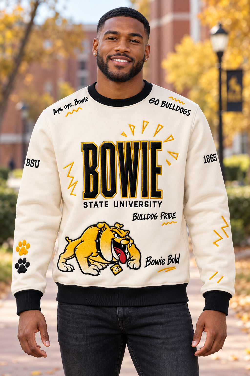 Model wearing a cream Bowie State University sweatshirt with black and gold lettering, a Bulldog mascot, and ‘Bulldog Pride’ and ‘Bowie Bold’ details.