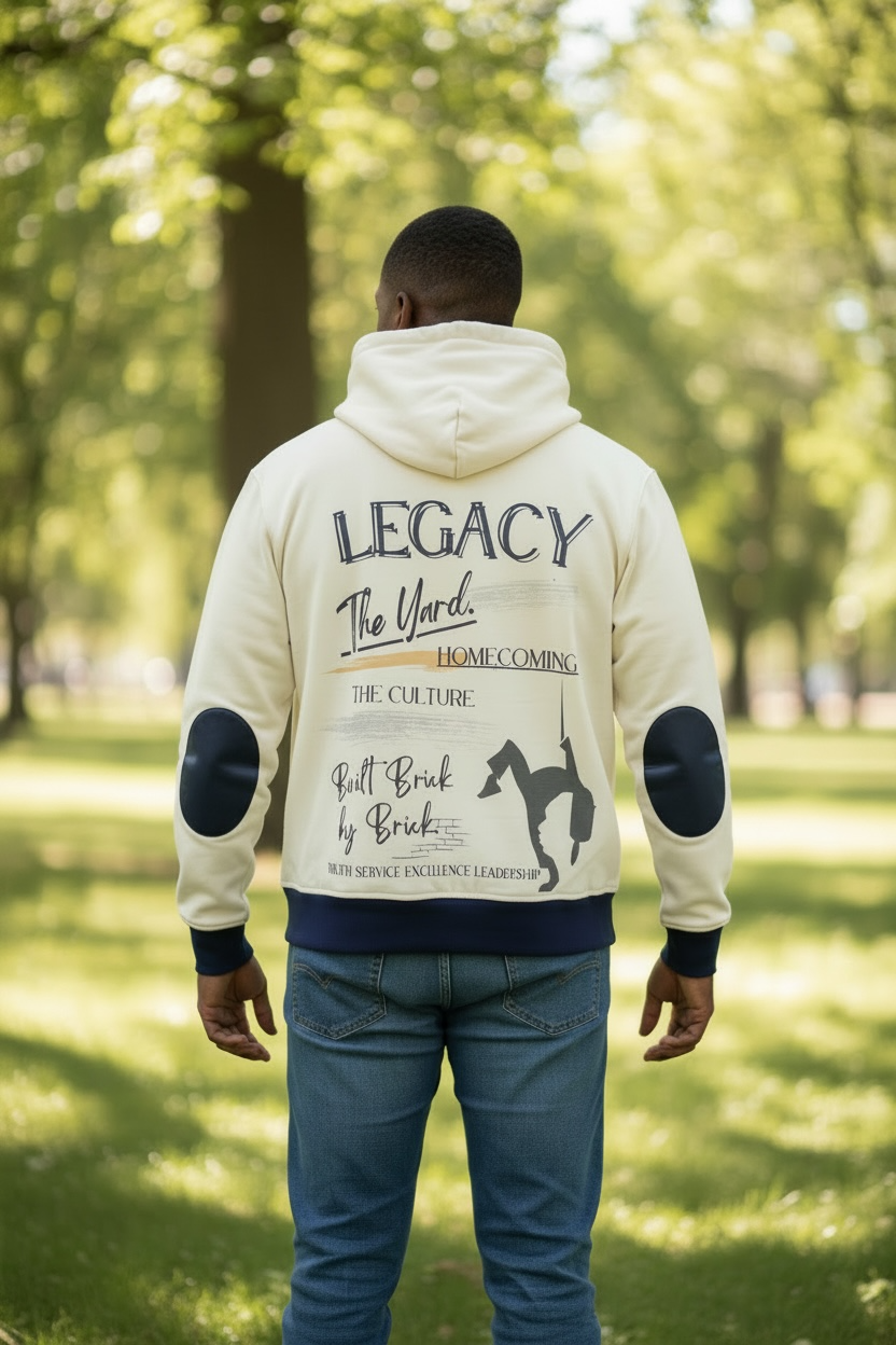 Person wearing an 'HBCU' hoodie with text and graphics in a park