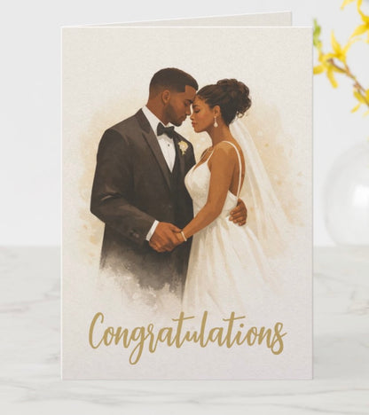 Wedding card with an African American couple embracing and 'Congratulations' text on a light background.