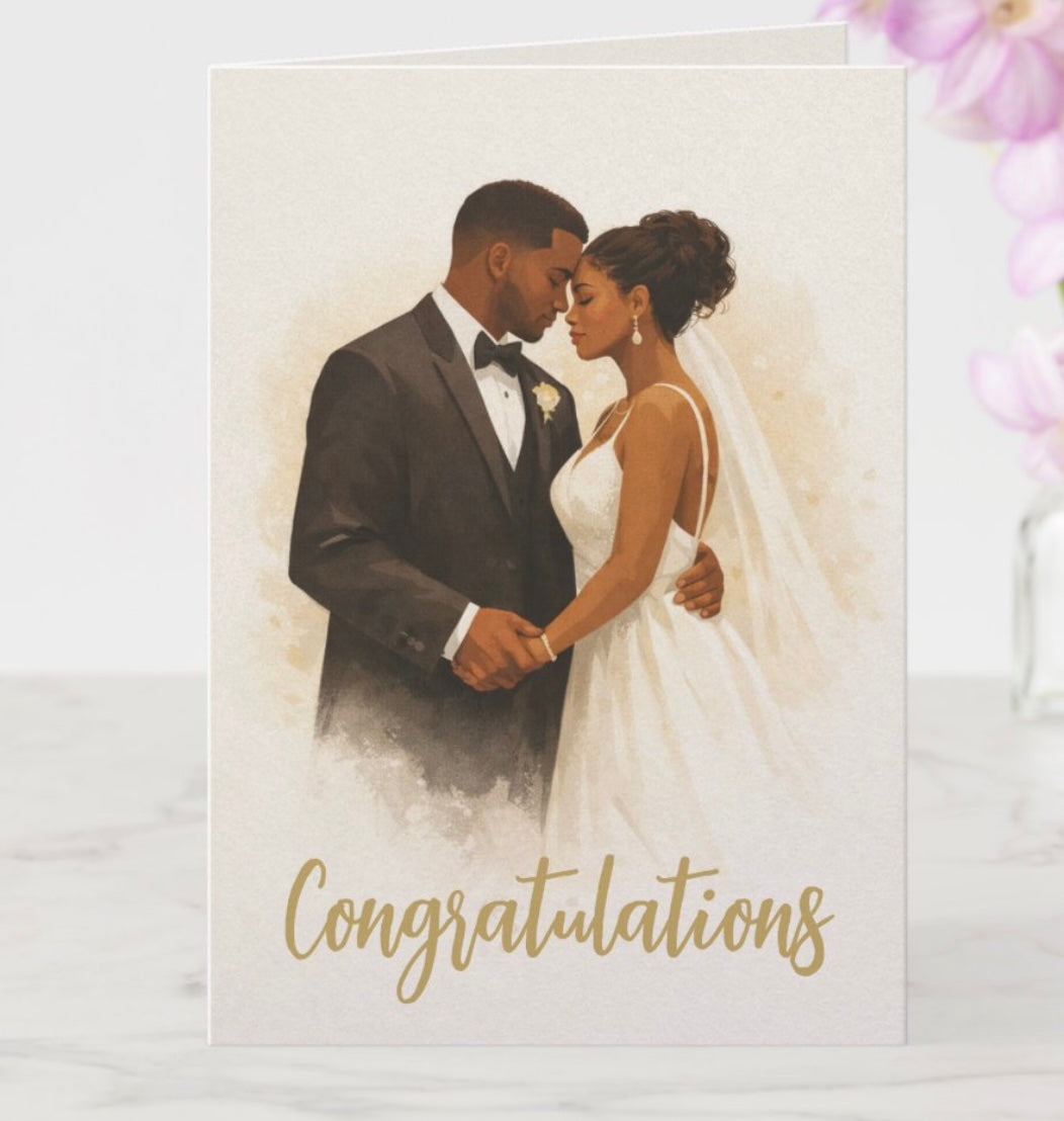 Wedding card with an African American couple embracing and 'Congratulations' text on a light background.