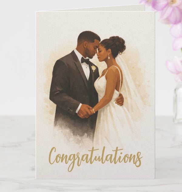 Wedding card with an African American couple embracing and 'Congratulations' text on a light background.