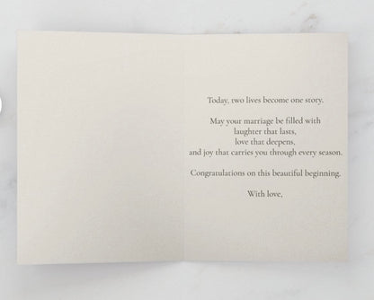 Greeting card with wedding message on a white background