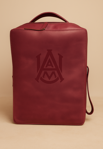 Red leather shoe bag with a logo on a beige background