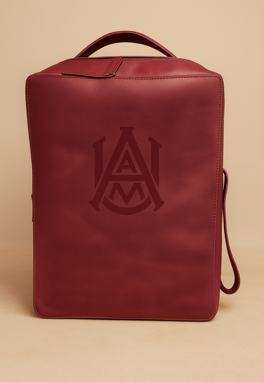 Red leather shoe bag with a logo on a beige background