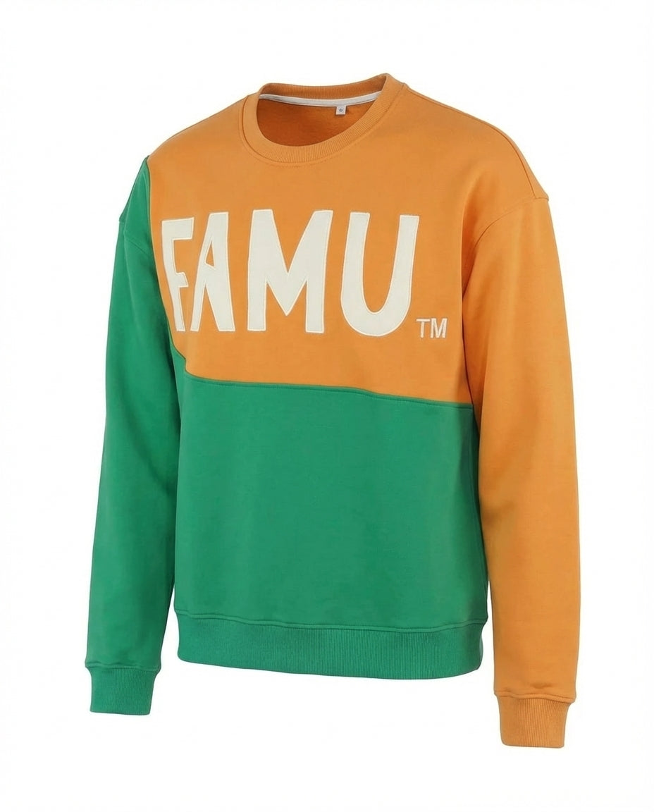 Florida A&M University FAMU Two-tone orange and green sweatshirt against a white background