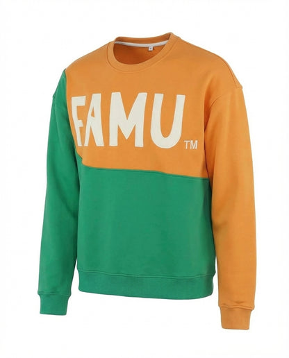 Florida A&M University FAMU Two-tone orange and green sweatshirt against a white background