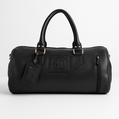 Black leather duffel bag with a brand logo on a white background
