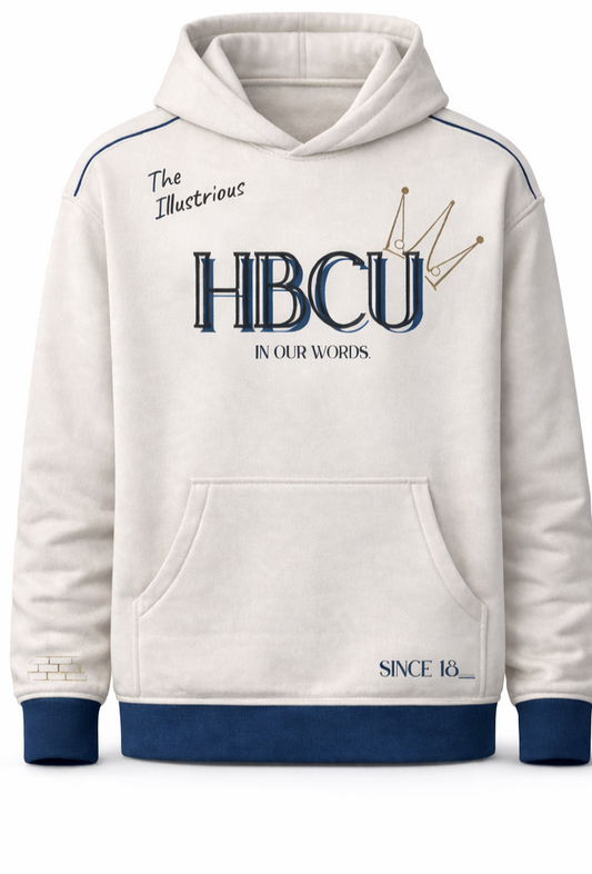 White hoodie with 'HBCU' text and crown design on a white background