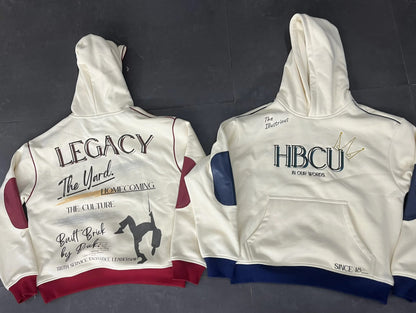 Two HBCU hoodies with text such as HBCU, legacy, homecoming, and culture on the back