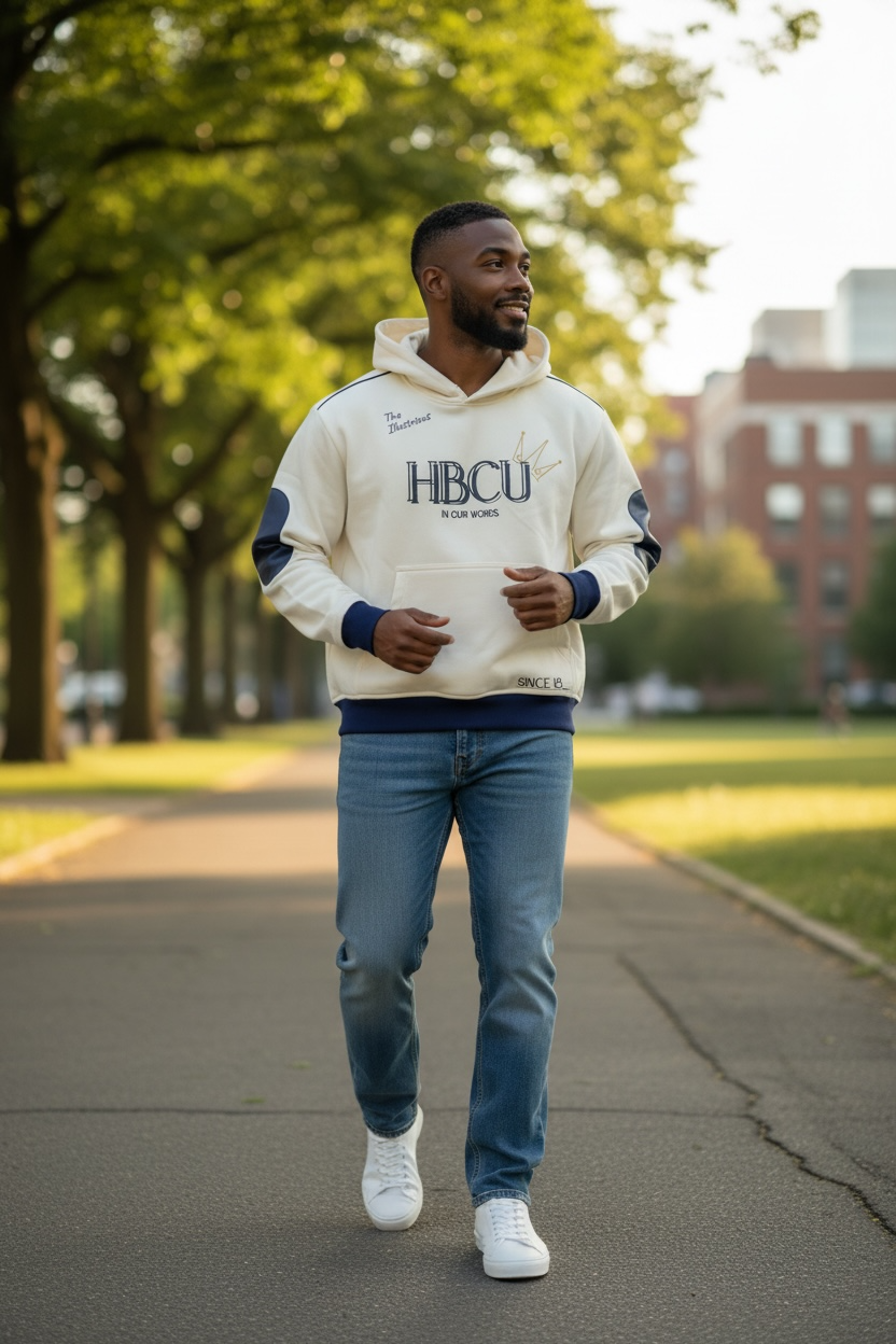 Man wearing a hoodie with 'HBCU' text walking on a path outdoors.