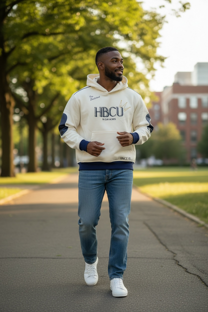 Man wearing a hoodie with 'HBCU' text walking on a path outdoors.