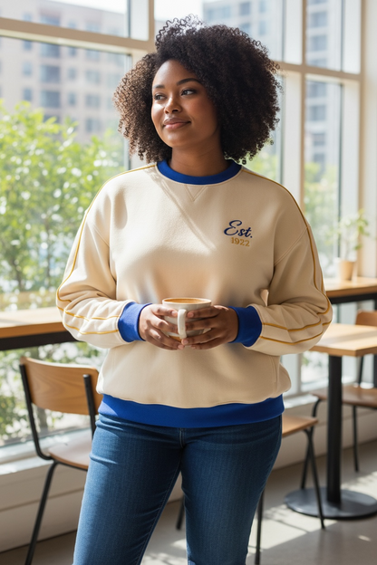 Woman wearing a beige and blue sweatshirt with 'Est. 2023' text, holding a coffee cup in a cafe setting.
