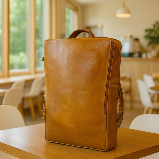 Brown leather backpack on a wooden table in a bright room with large windows.