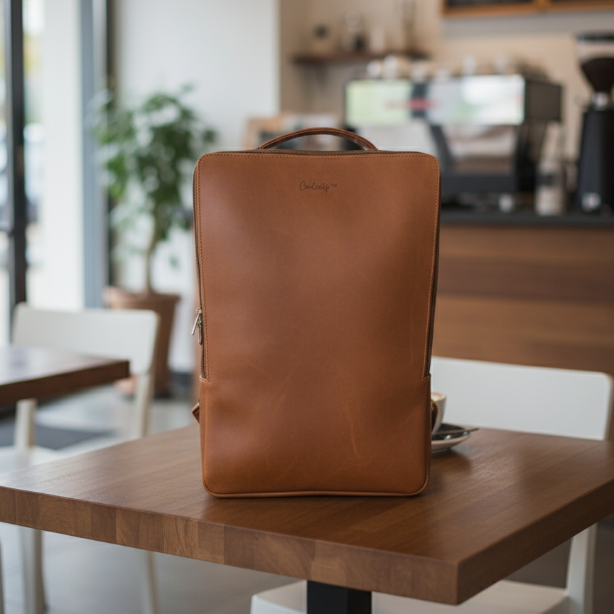 Kin & Sole Heritage backpack made from calf leather. Cardciety logo engraved on bag. 