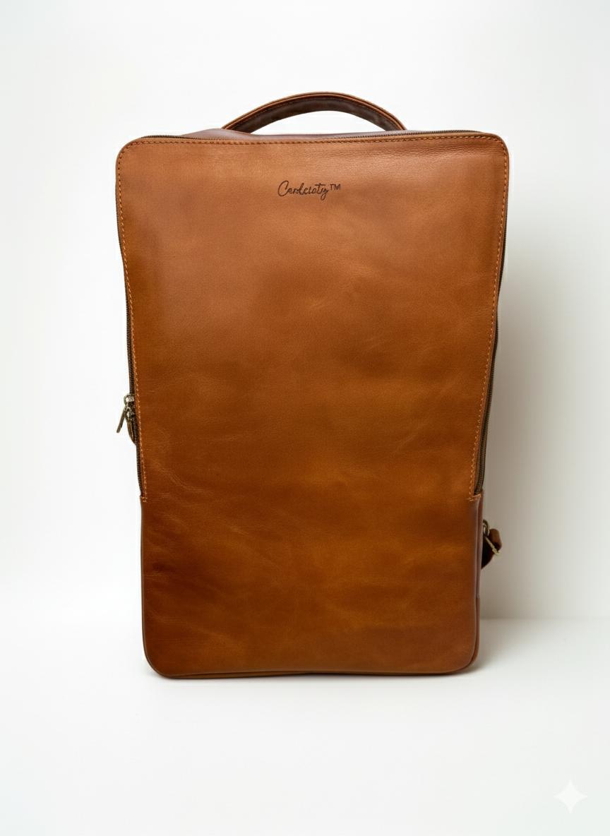 Kin & Sole Heritage backpack made from calf leather. Cardciety logo engraved on bag. 