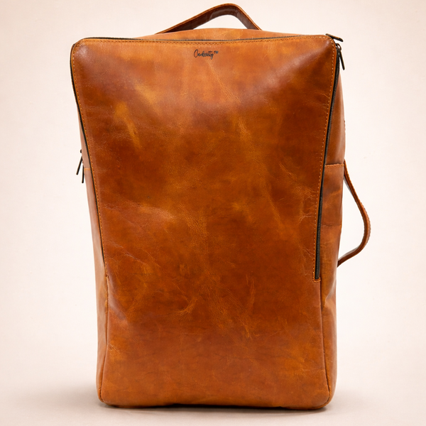 Brown leather backpack on a beige background