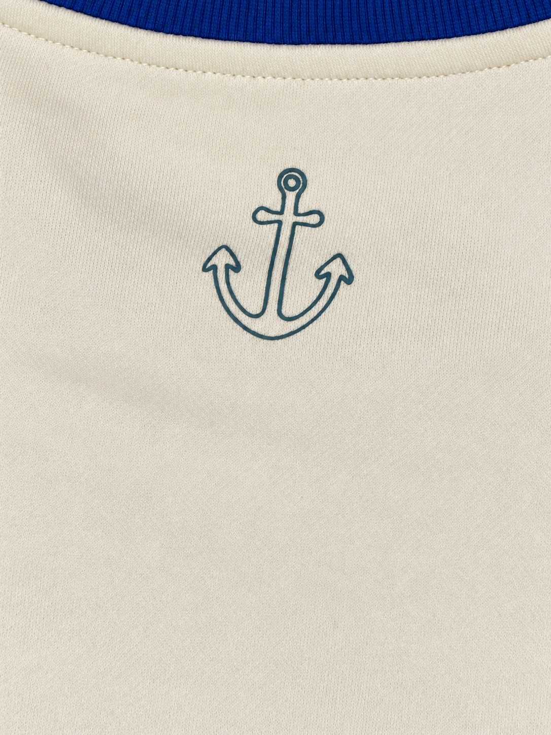 Close-up of the anchor graphic below the royal blue back collar on the Hampton sweatshirt.