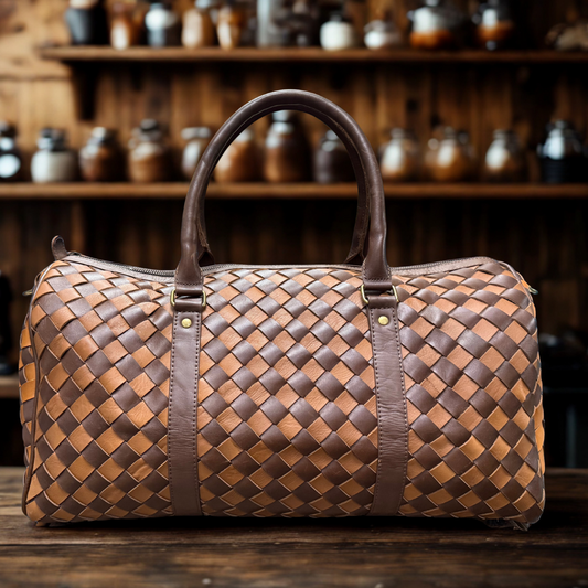 Brown woven leather duffel bag on a wooden surface with a shelf of jars in the background