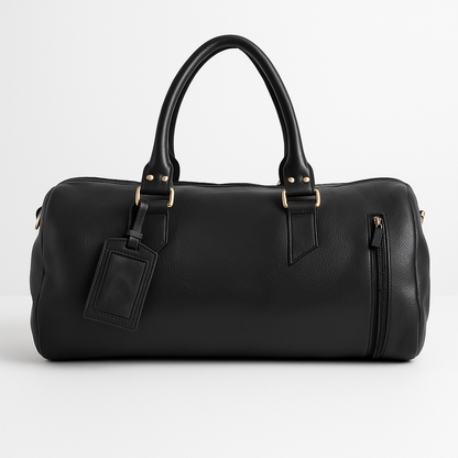 Black leather duffel bag on a light gray background