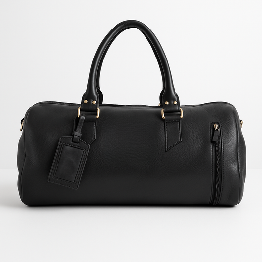 Black leather duffel bag on a light gray background