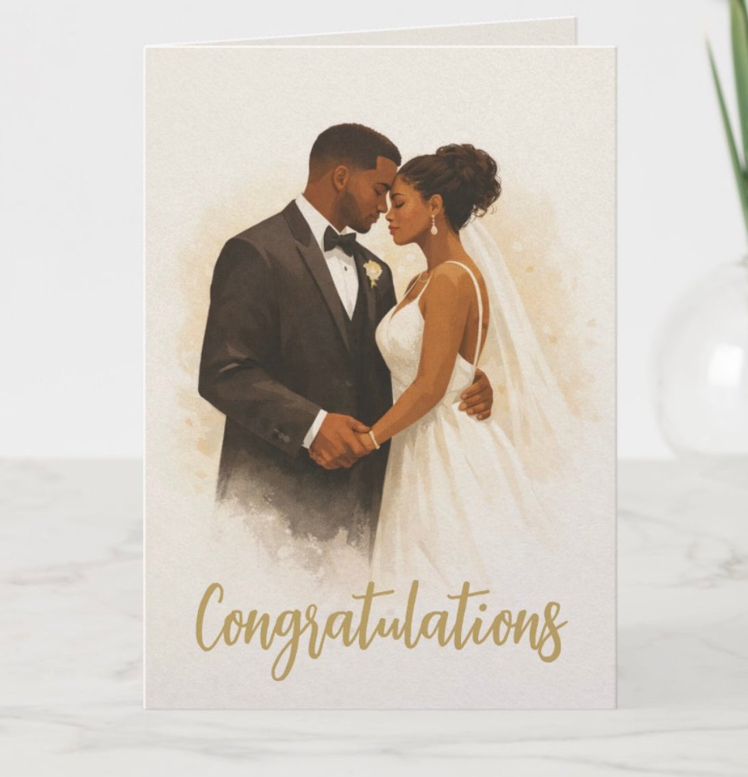 Wedding card with a couple in formal attire and 'Congratulations' text on a light background.